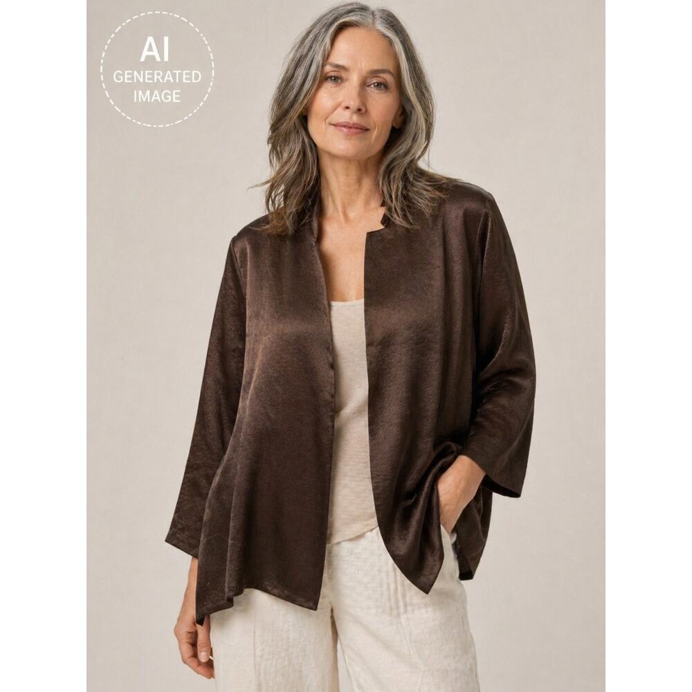 Eileen Fisher Chocolate Brown 100% Silk Open Front Jacket Blazer Women L